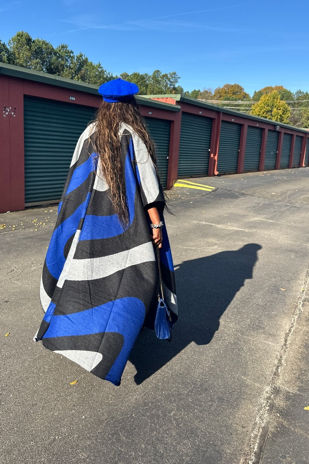 Rich Auntie Winter Open Front Long Kimono - Royal Blue Black White Blend Ships 11/25