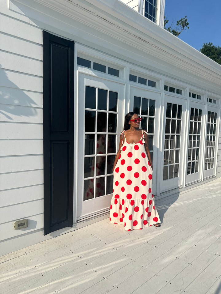 Divas in Red Cream Polka Dot  Low Back Maxi Dress with Pockets