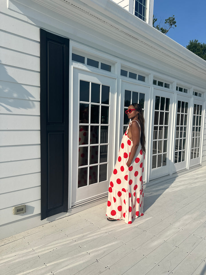 Divas in Red Cream Polka Dot  Low Back Maxi Dress with Pockets
