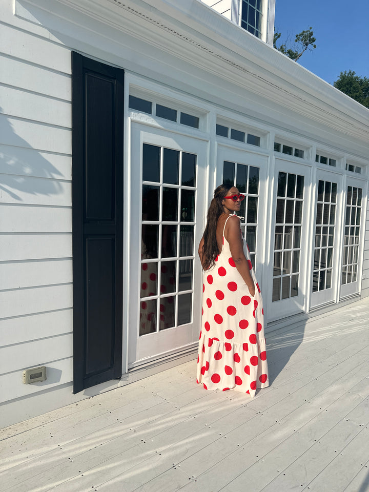 Divas in Red Cream Polka Dot  Low Back Maxi Dress with Pockets