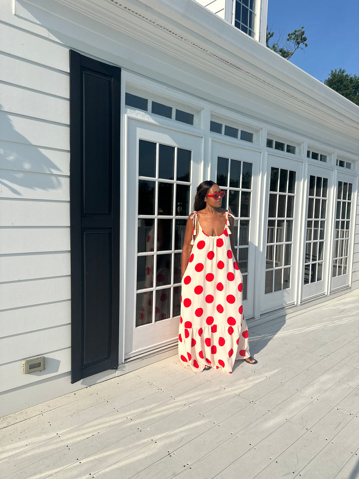 Divas in Red Cream Polka Dot  Low Back Maxi Dress with Pockets