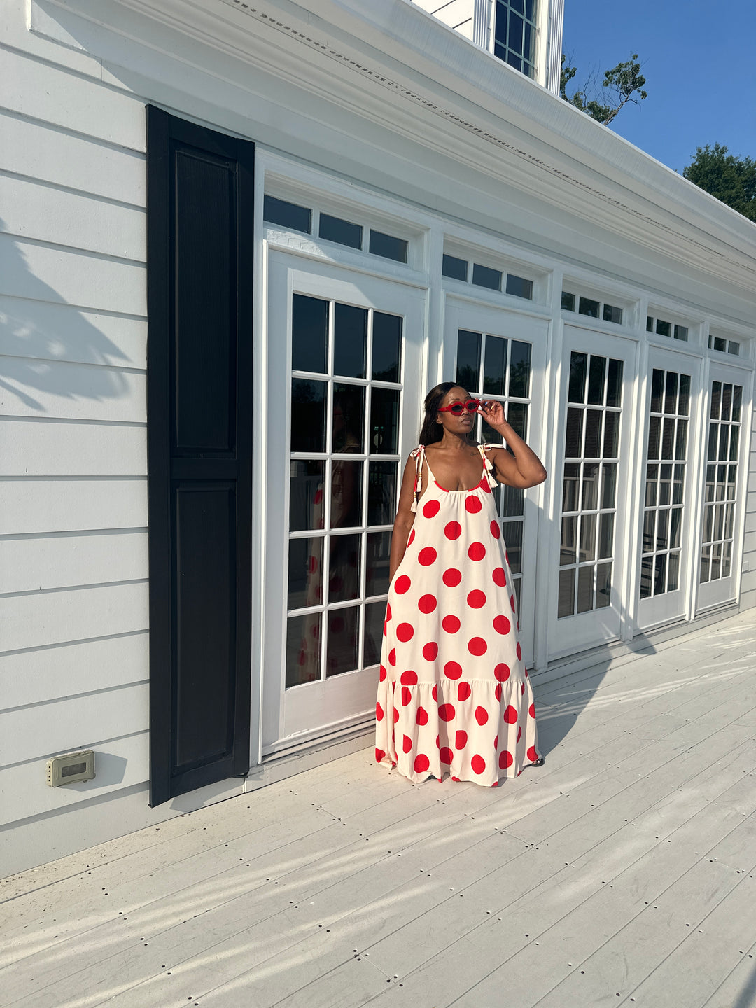 Divas in Red Cream Polka Dot  Low Back Maxi Dress with Pockets