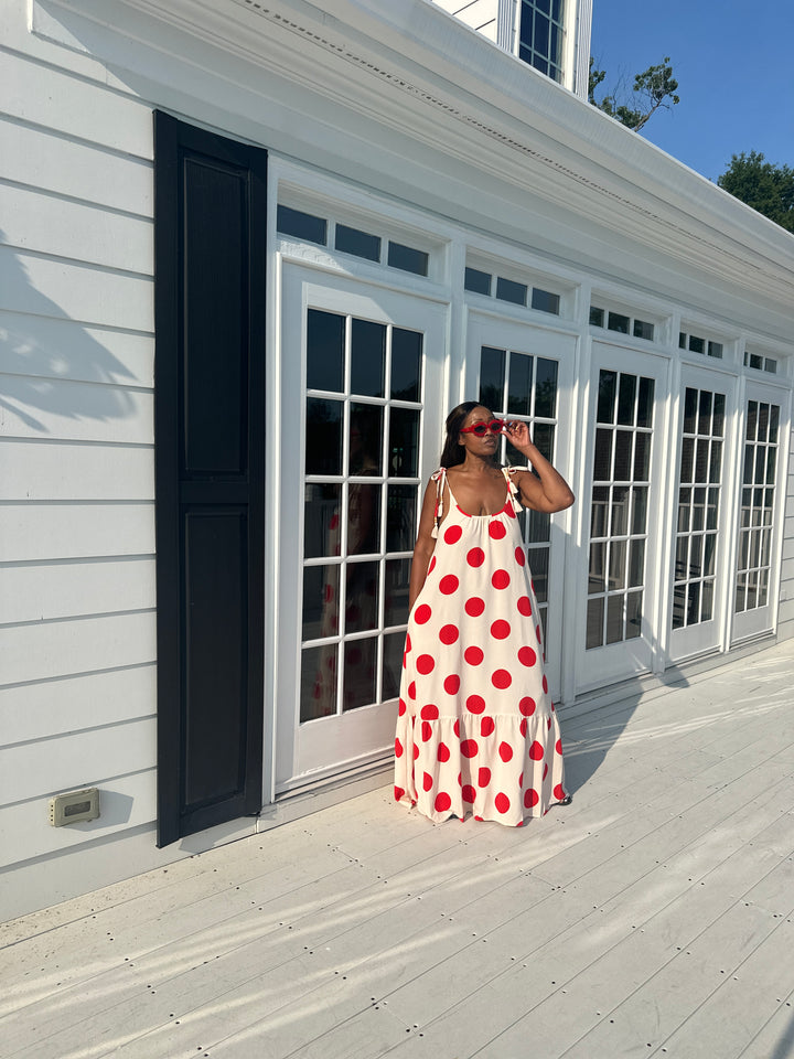Divas in Red Cream Polka Dot  Low Back Maxi Dress with Pockets