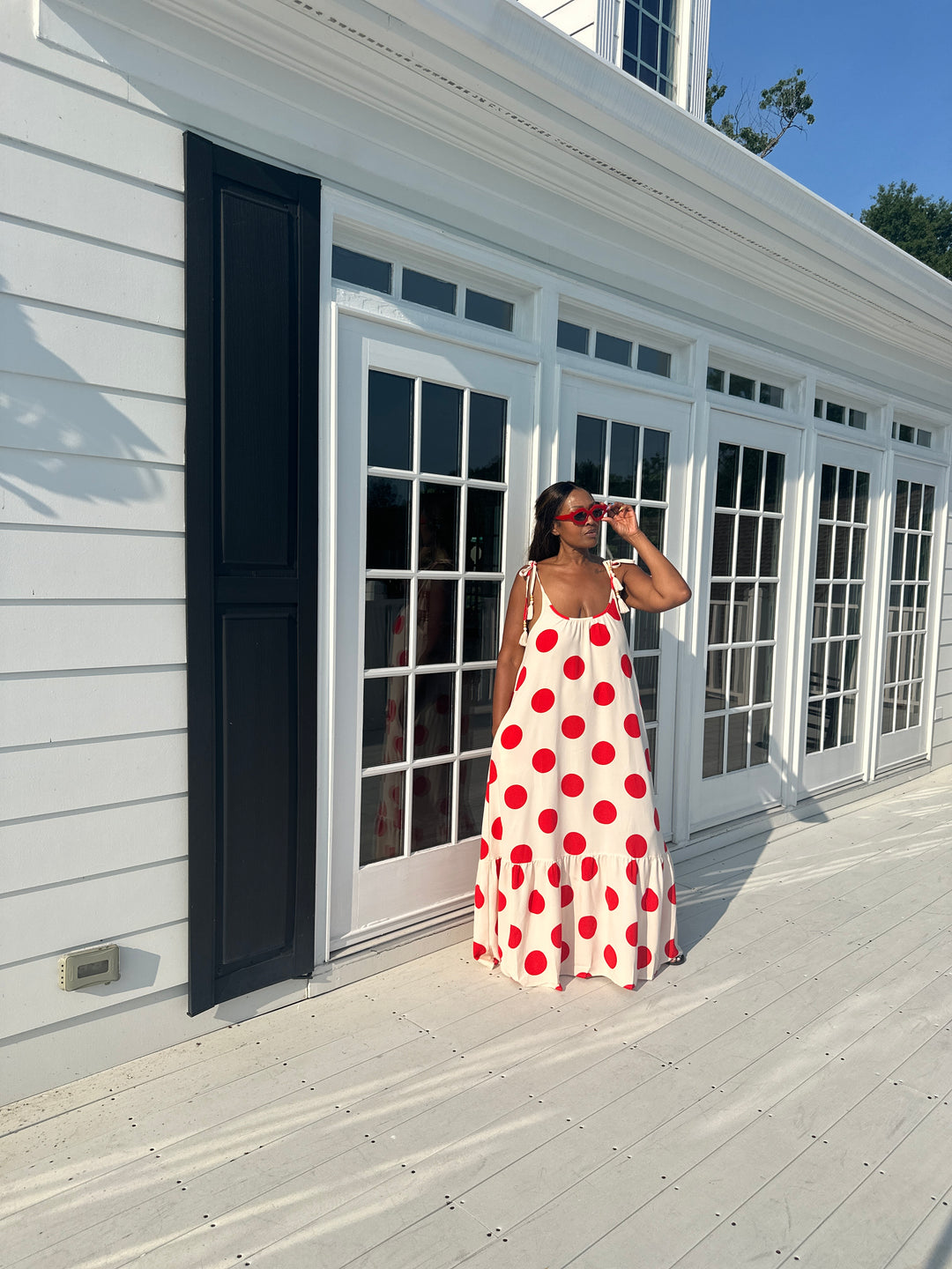 Divas in Red Cream Polka Dot  Low Back Maxi Dress with Pockets