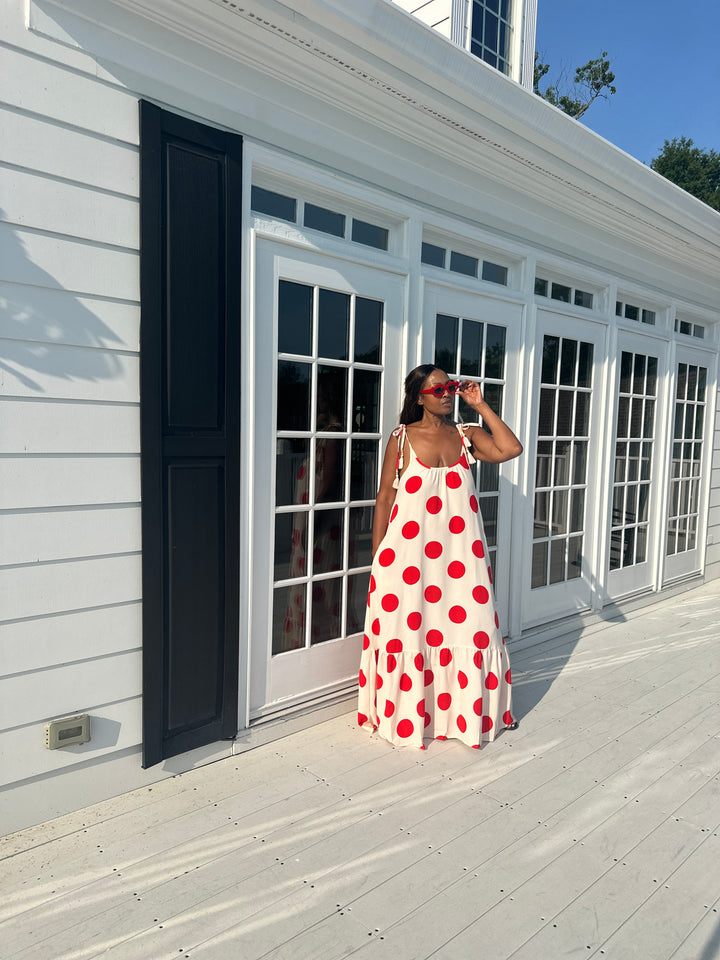Divas in Red Cream Polka Dot  Low Back Maxi Dress with Pockets
