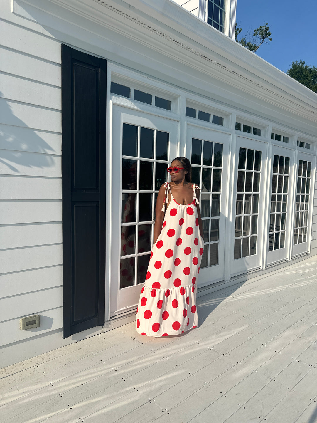 Divas in Red Cream Polka Dot  Low Back Maxi Dress with Pockets