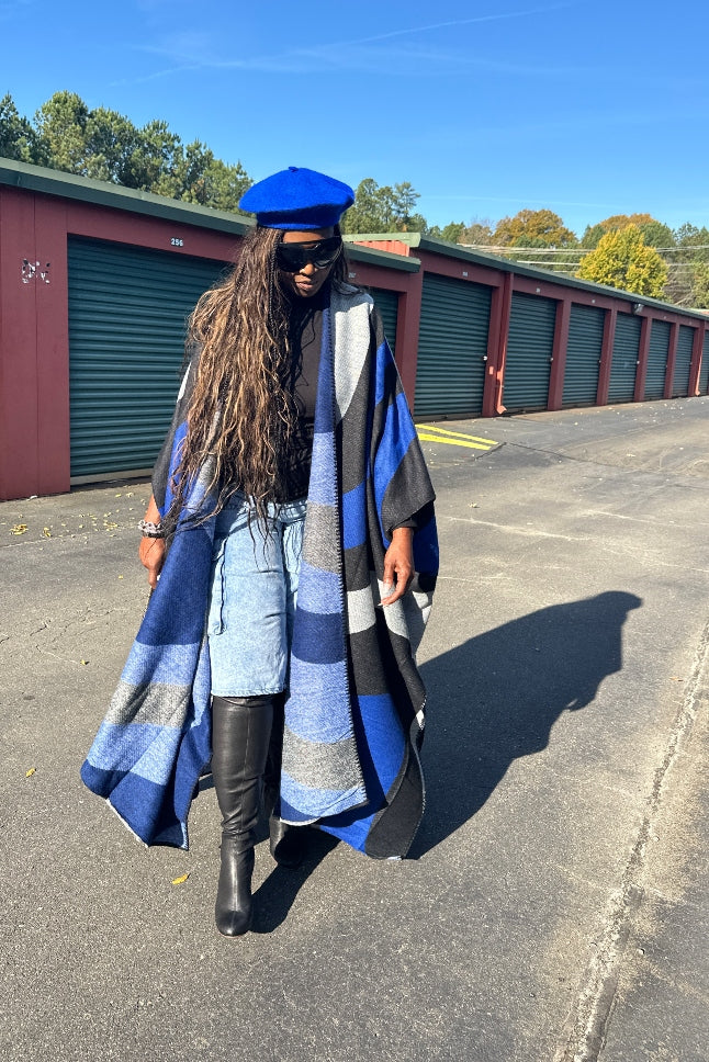 Rich Auntie Winter Open Front Long Kimono - Royal Blue Black White Blend Ships 11/25