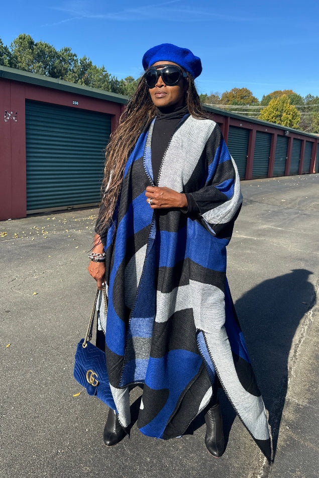 Rich Auntie Winter Open Front Long Kimono - Royal Blue Black White Blend Ships 11/25