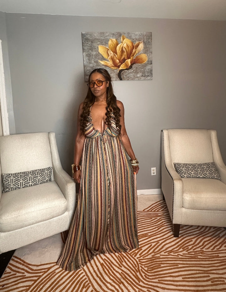 Georgia Peach Multi Color Maxi Dress - Turquoise Orange Tan Blend