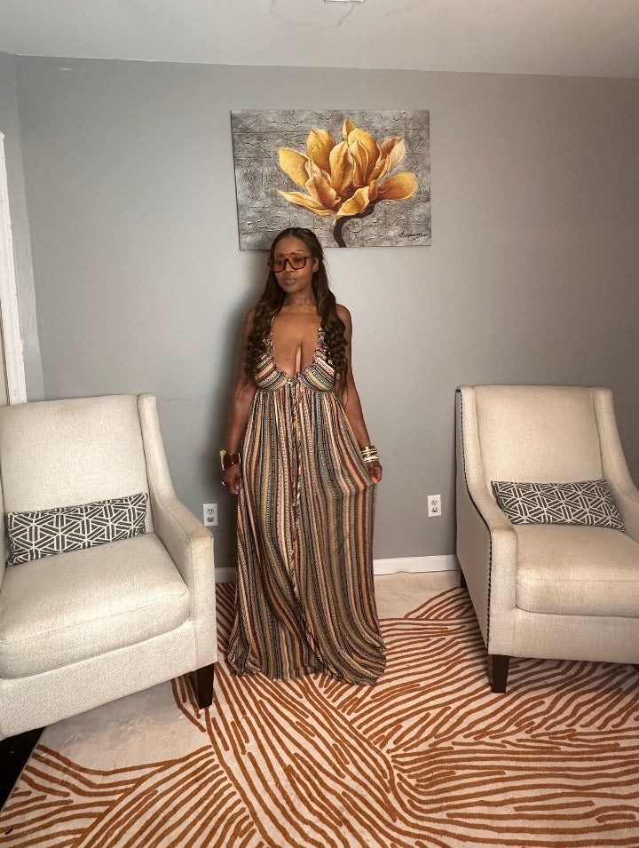 Georgia Peach Multi Color Maxi Dress - Turquoise Orange Tan Blend