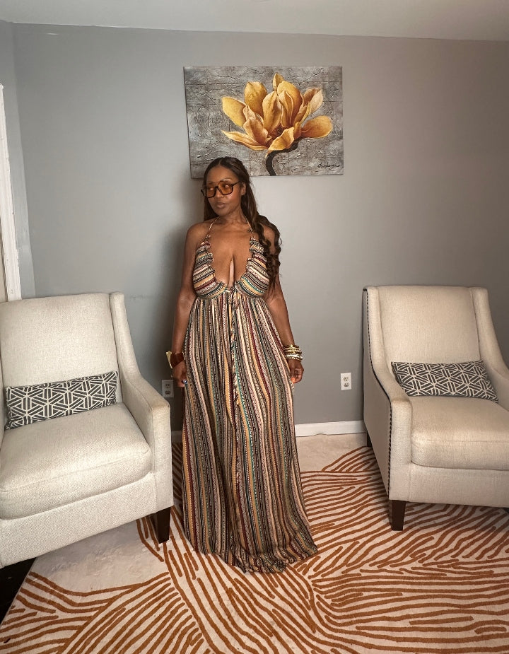Georgia Peach Multi Color Maxi Dress - Turquoise Orange Tan Blend