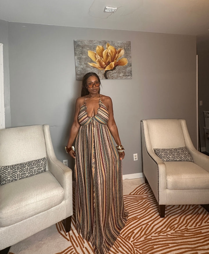 Georgia Peach Multi Color Maxi Dress - Turquoise Orange Tan Blend