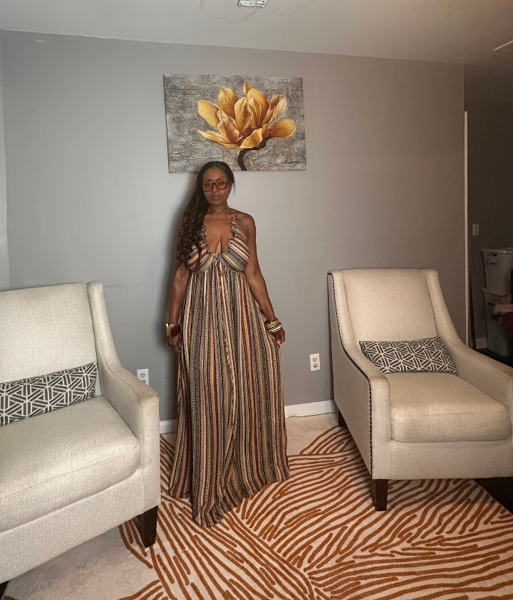 Georgia Peach Multi Color Maxi Dress - Turquoise Orange Tan Blend