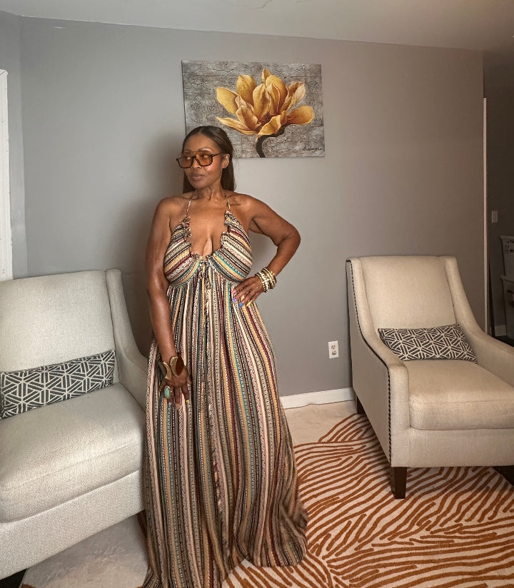 Georgia Peach Multi Color Maxi Dress - Turquoise Orange Tan Blend