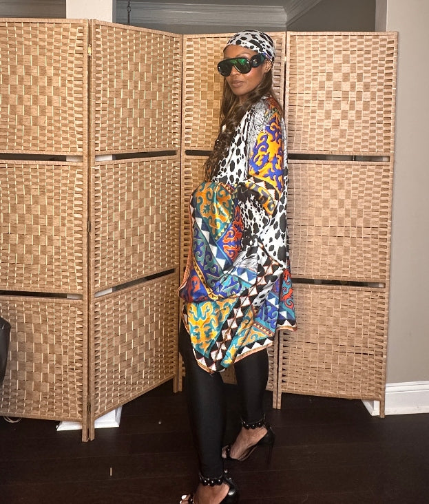 NEW Puerto Vallarta Short Kimono with matching belt - Black Cow Print  Turquoise Orange Royal Blue Blend Ships 7/27