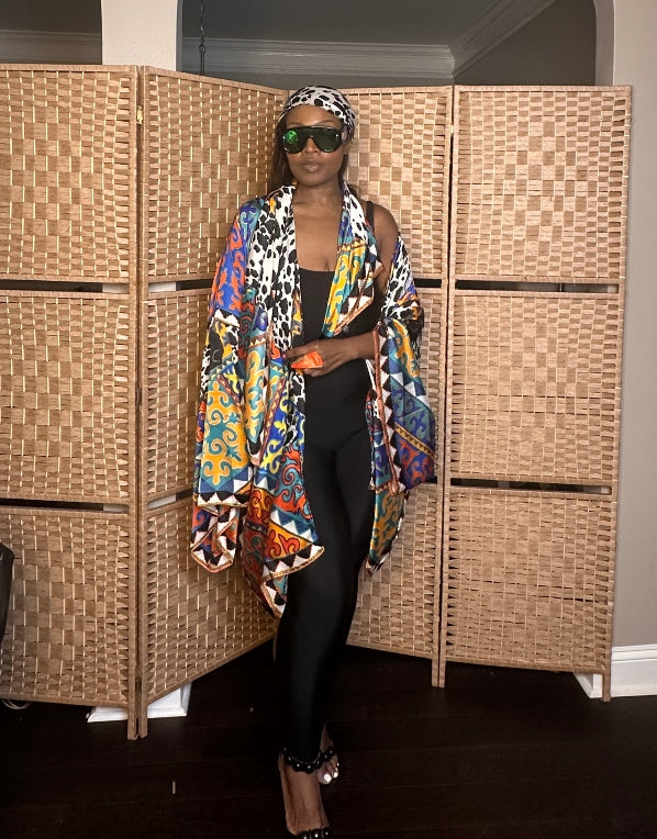 NEW Puerto Vallarta Short Kimono with matching belt - Black Cow Print  Turquoise Orange Royal Blue Blend Ships 7/27