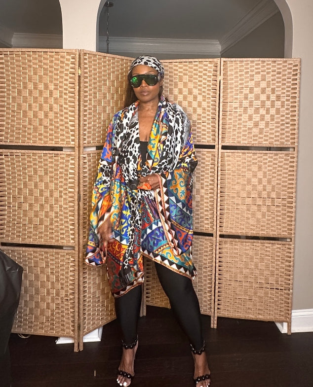 NEW Puerto Vallarta Short Kimono with matching belt - Black Cow Print  Turquoise Orange Royal Blue Blend Ships 7/27