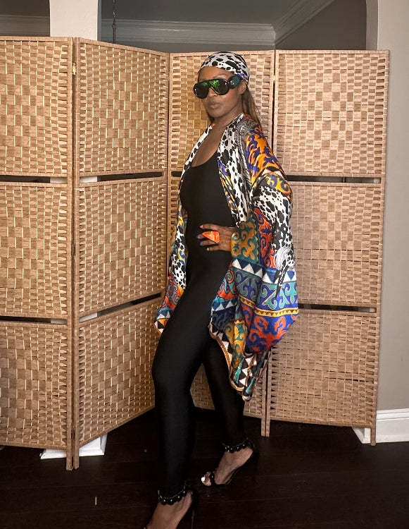 NEW Puerto Vallarta Short Kimono with matching belt - Black Cow Print  Turquoise Orange Royal Blue Blend Ships 7/27