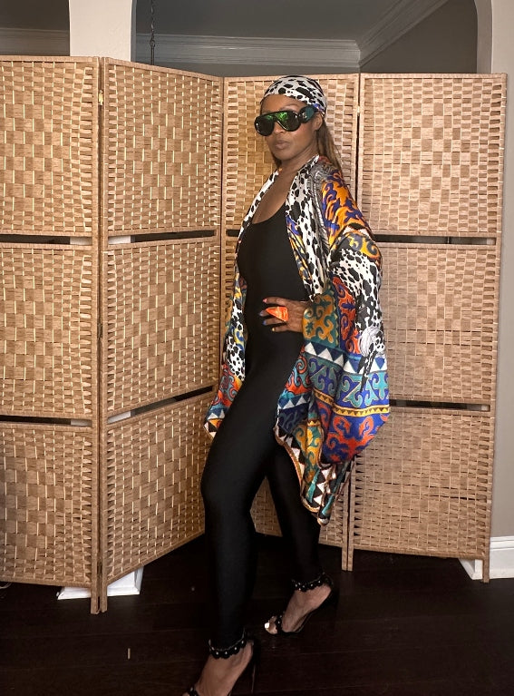 NEW Puerto Vallarta Short Kimono with matching belt - Black Cow Print  Turquoise Orange Royal Blue Blend Ships 7/27