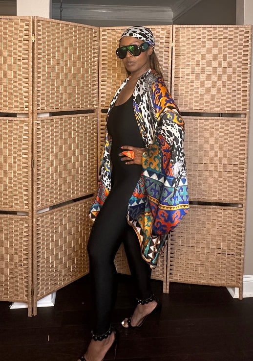 NEW Puerto Vallarta Short Kimono with matching belt - Black Cow Print  Turquoise Orange Royal Blue Blend Ships 7/27