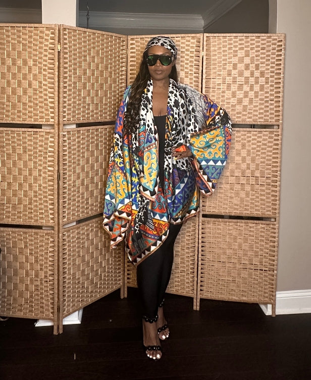 NEW Puerto Vallarta Short Kimono with matching belt - Black Cow Print  Turquoise Orange Royal Blue Blend Ships 7/27
