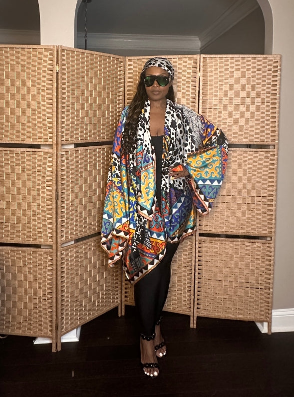 NEW Puerto Vallarta Short Kimono with matching belt - Black Cow Print  Turquoise Orange Royal Blue Blend Ships 7/27