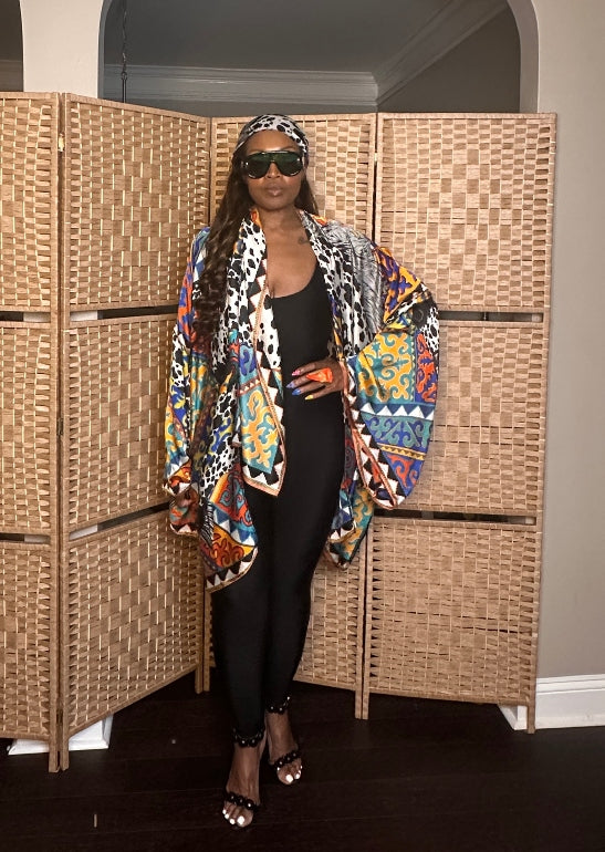 NEW Puerto Vallarta Short Kimono with matching belt - Black Cow Print  Turquoise Orange Royal Blue Blend Ships 7/27