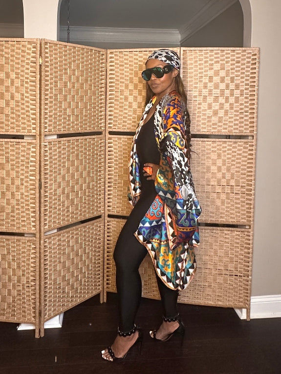 NEW Puerto Vallarta Short Kimono with matching belt - Black Cow Print  Turquoise Orange Royal Blue Blend Ships 7/27