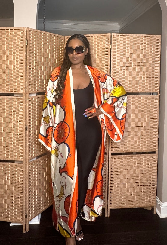 Morocco Open Front Kimono Long Kimono - Orange Cream Gold Blend
