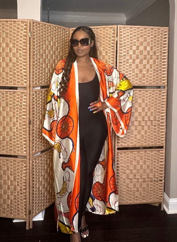 Morocco Open Front Kimono Long Kimono - Orange Cream Gold Blend