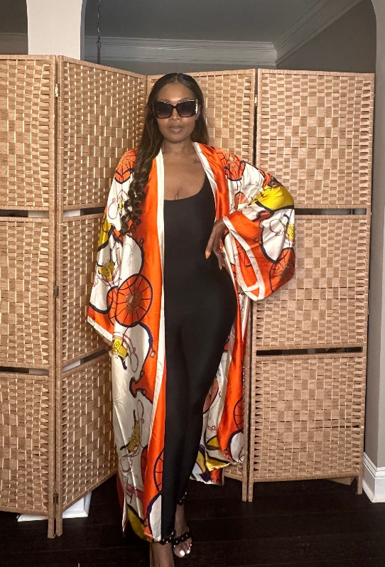 Morocco Open Front Kimono Long Kimono - Orange Cream Gold Blend