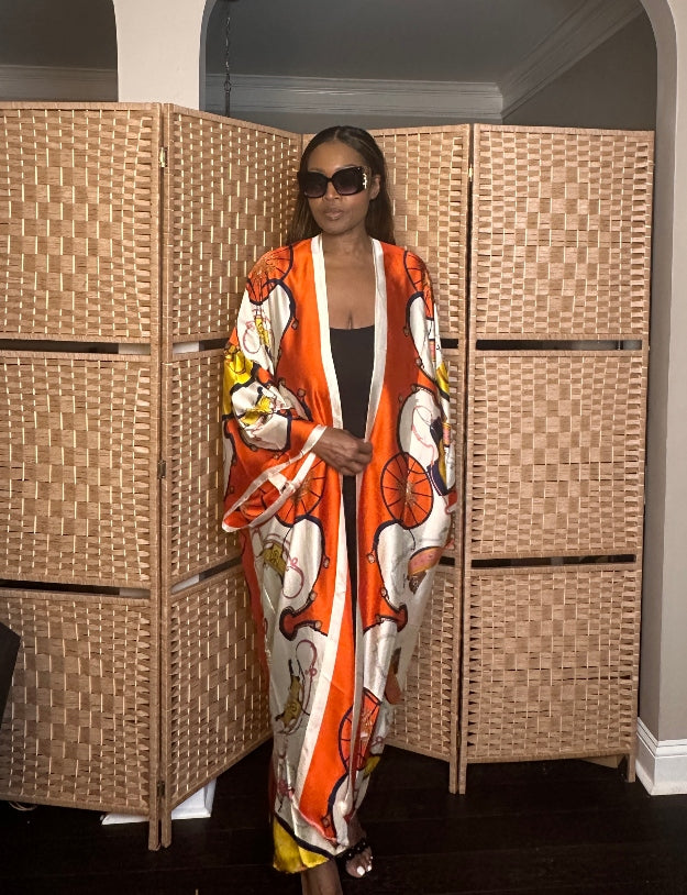 Morocco Open Front Kimono Long Kimono - Orange Cream Gold Blend