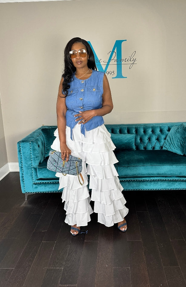 White Nylon Tiered  Pants