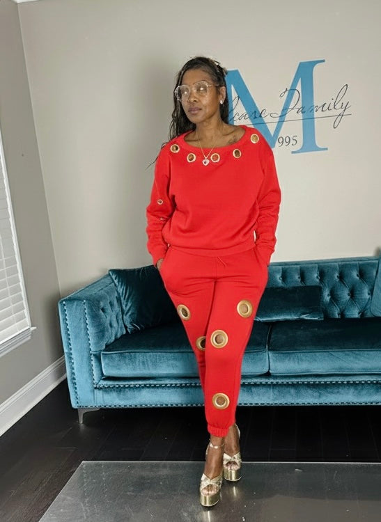 Gold Grommet Plush Everyday Jogger Set - Red