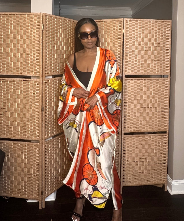Morocco Open Front Kimono Long Kimono - Orange Cream Gold Blend