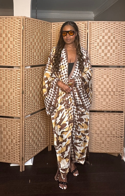 Madrid Gingham Open Front Kimono Long Kimono - Chocolate Brown Blend