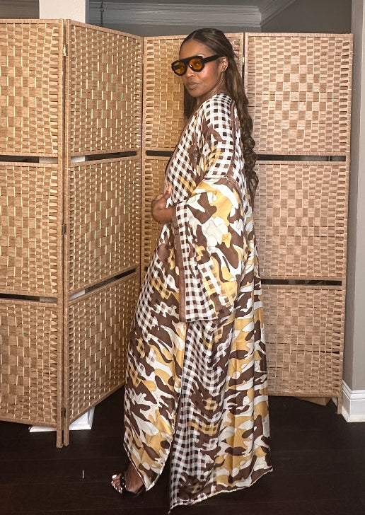 Madrid Gingham Open Front Kimono Long Kimono - Chocolate Brown Blend