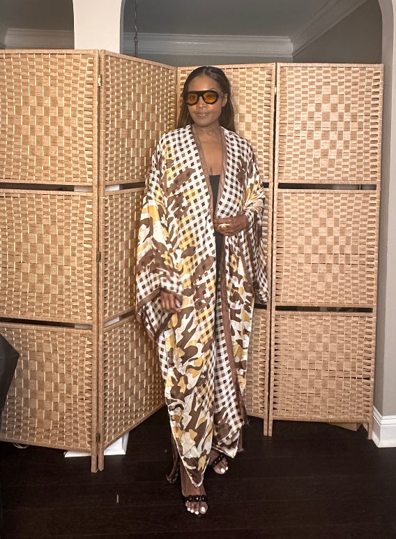 Madrid Gingham Open Front Kimono Long Kimono - Chocolate Brown Blend