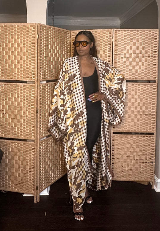 Madrid Gingham Open Front Kimono Long Kimono - Chocolate Brown Blend