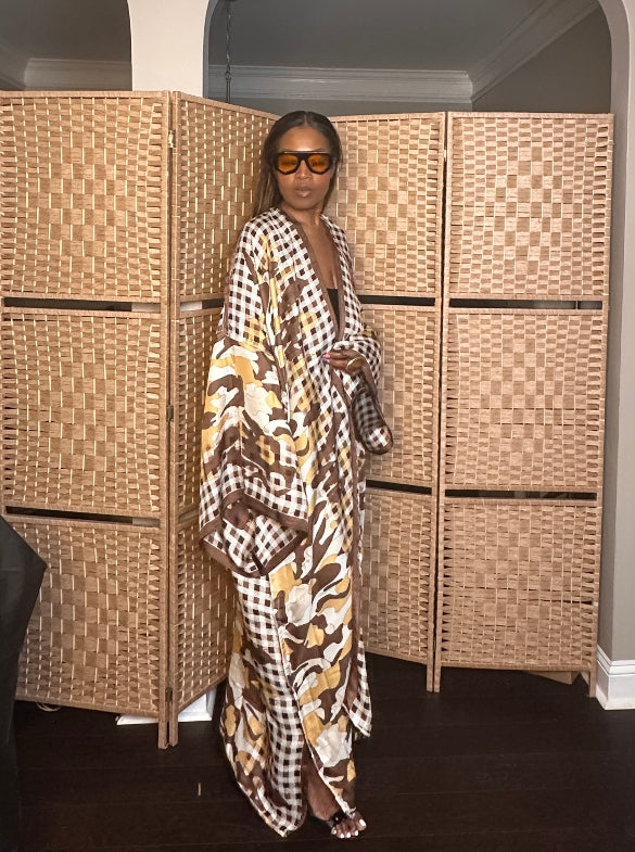 Madrid Gingham Open Front Kimono Long Kimono - Chocolate Brown Blend