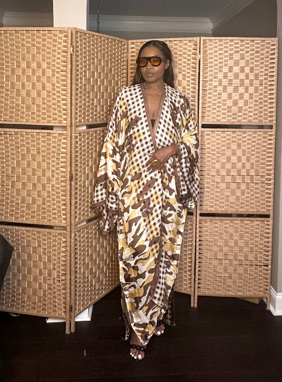 Madrid Gingham Open Front Kimono Long Kimono - Chocolate Brown Blend
