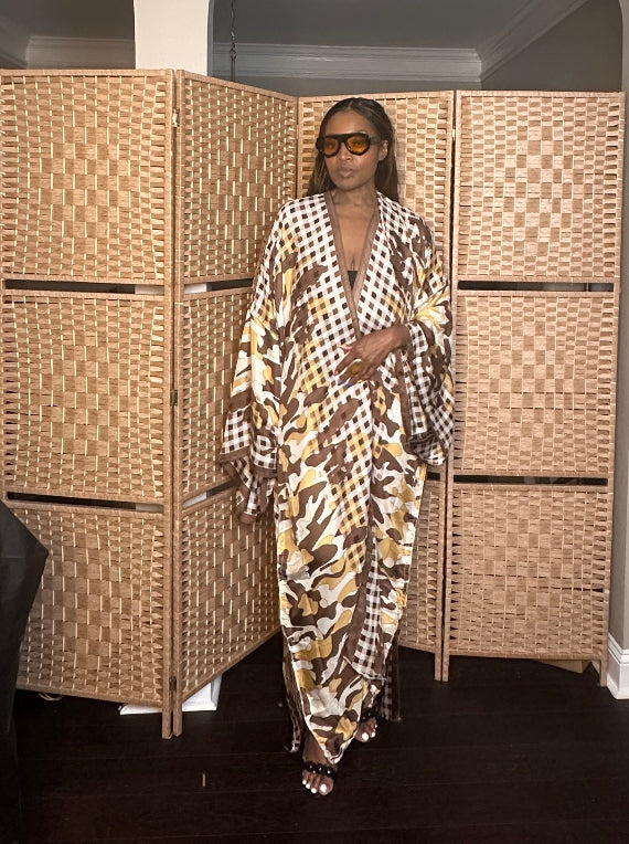 Madrid Gingham Open Front Kimono Long Kimono - Chocolate Brown Blend