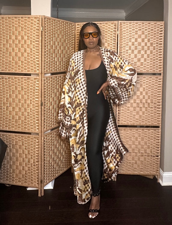 Madrid Gingham Open Front Kimono Long Kimono - Chocolate Brown Blend