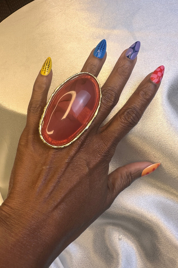 Oversized Bold Oyster Stone Accent Stretch Ring - Watermelon
