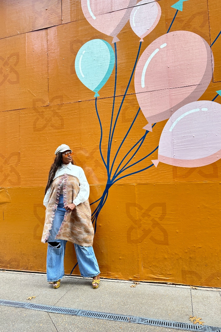 Remix Shirt and Open Front Wool Blend Cropped Sweater  - Tan Blend Ships 12/5