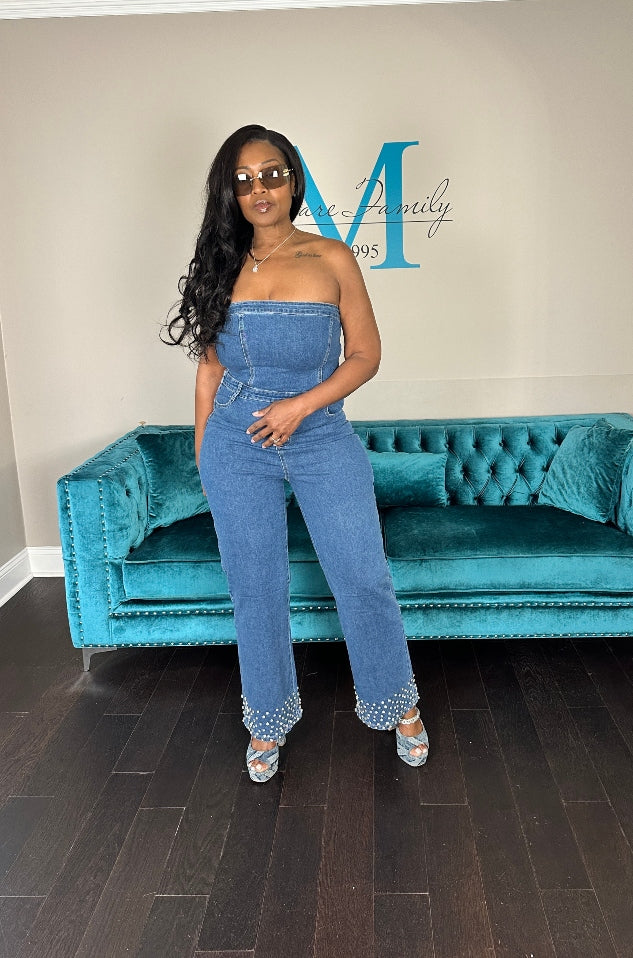 NEW Strapless Denim Rhinestone Cuffed Romper