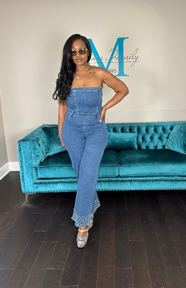 NEW Strapless Denim Rhinestone Cuffed Romper