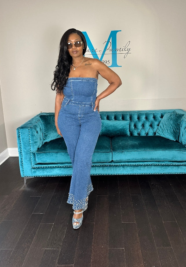 NEW Strapless Denim Rhinestone Cuffed Romper