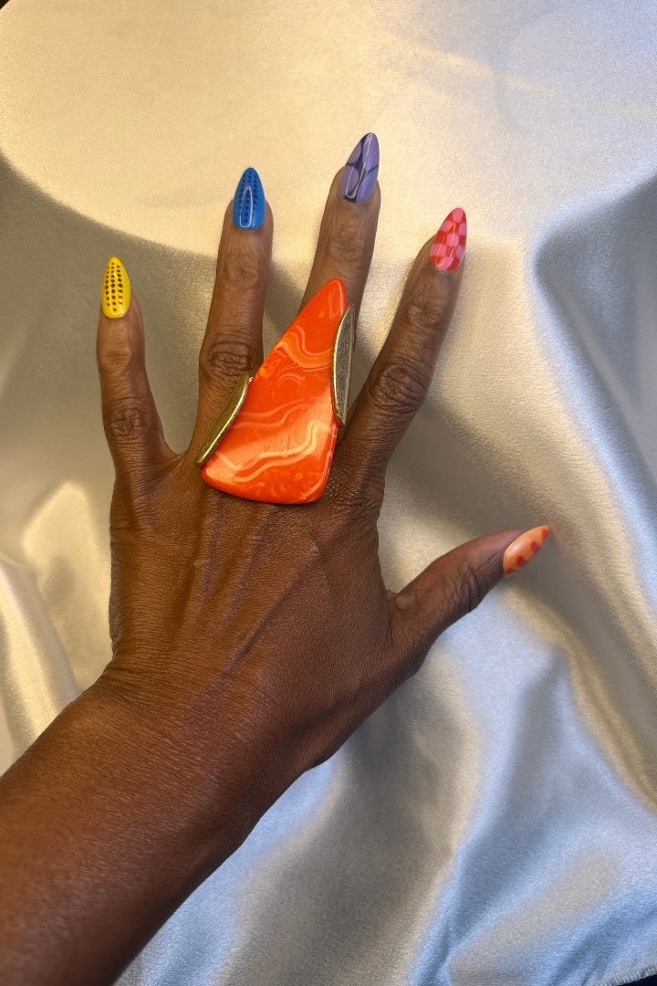 Oversized Bold Triangle Stone Accent Stretch Ring - Red Orange