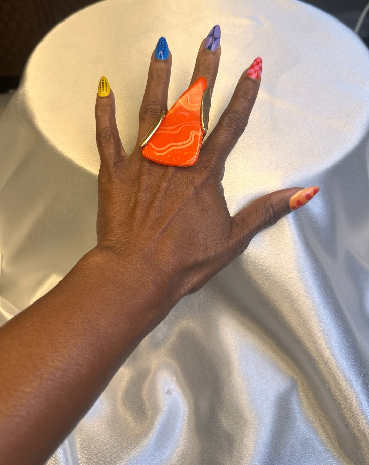 Oversized Bold Triangle Stone Accent Stretch Ring - Red Orange